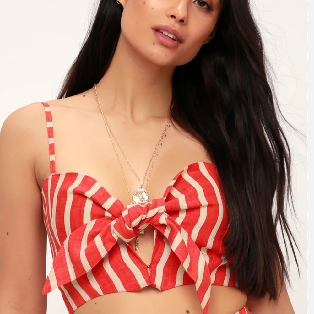 Faithfull the brand Striped Red and White Bow Tie Crop Top size 2